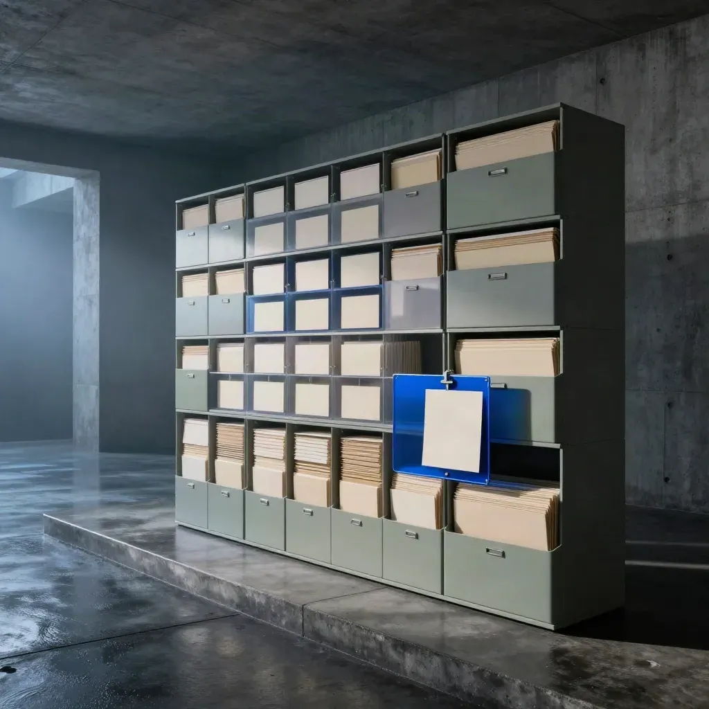 Monumentale Archivboxen, Ordner und Trennwände im Betonraum bei blauer Stunde.