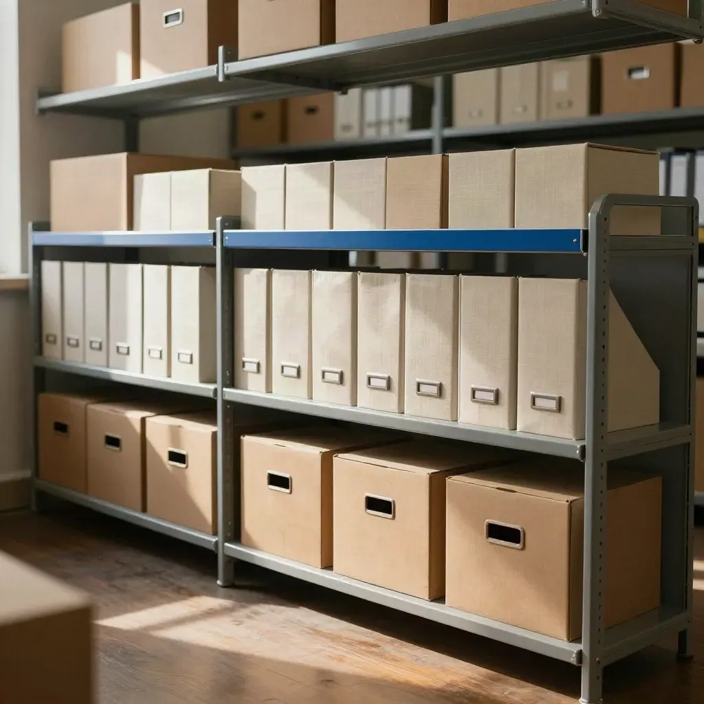 Archivraum mit Boxen in Ebenen und kobaltem Akzent im Seitenlicht