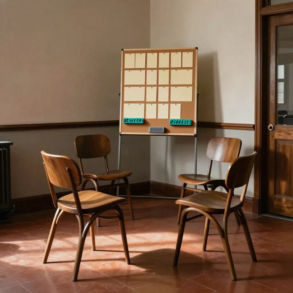 Leeres Workshop-Setup mit Stühlen, Pinnwand, Markern und Timerblock im warmen Seitenlicht.