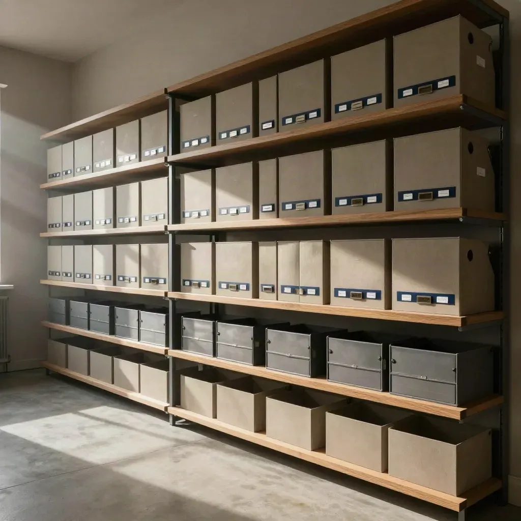 Leerer Service-Raum mit modularen Regalen und geordneten Themenboxen im Streiflicht.