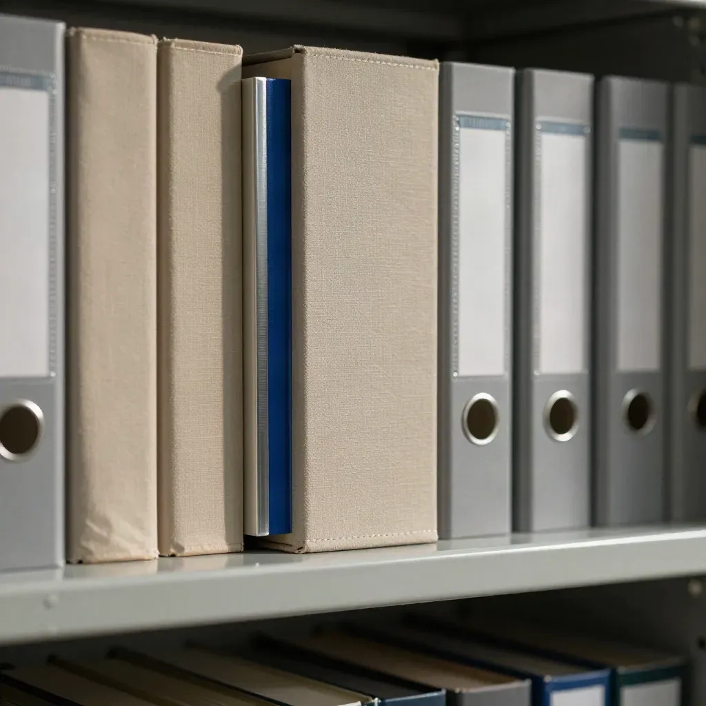 Archivboxen und Ordner in einem ruhigen Backoffice mit dramatischem Licht.