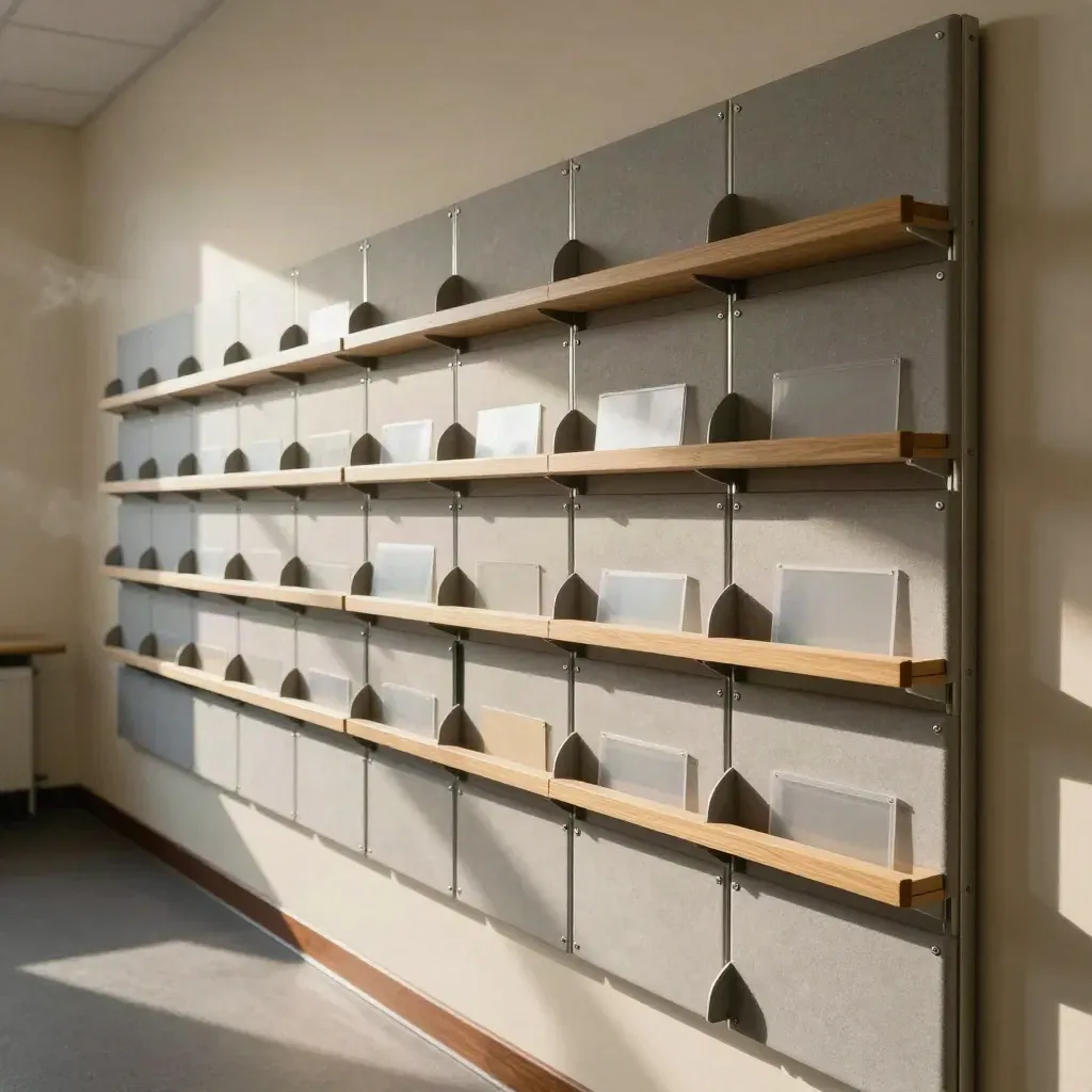 Prozesswand mit modularen Ablagefächern in warmem Verwaltungsraum, Licht und Schatten sichtbar.