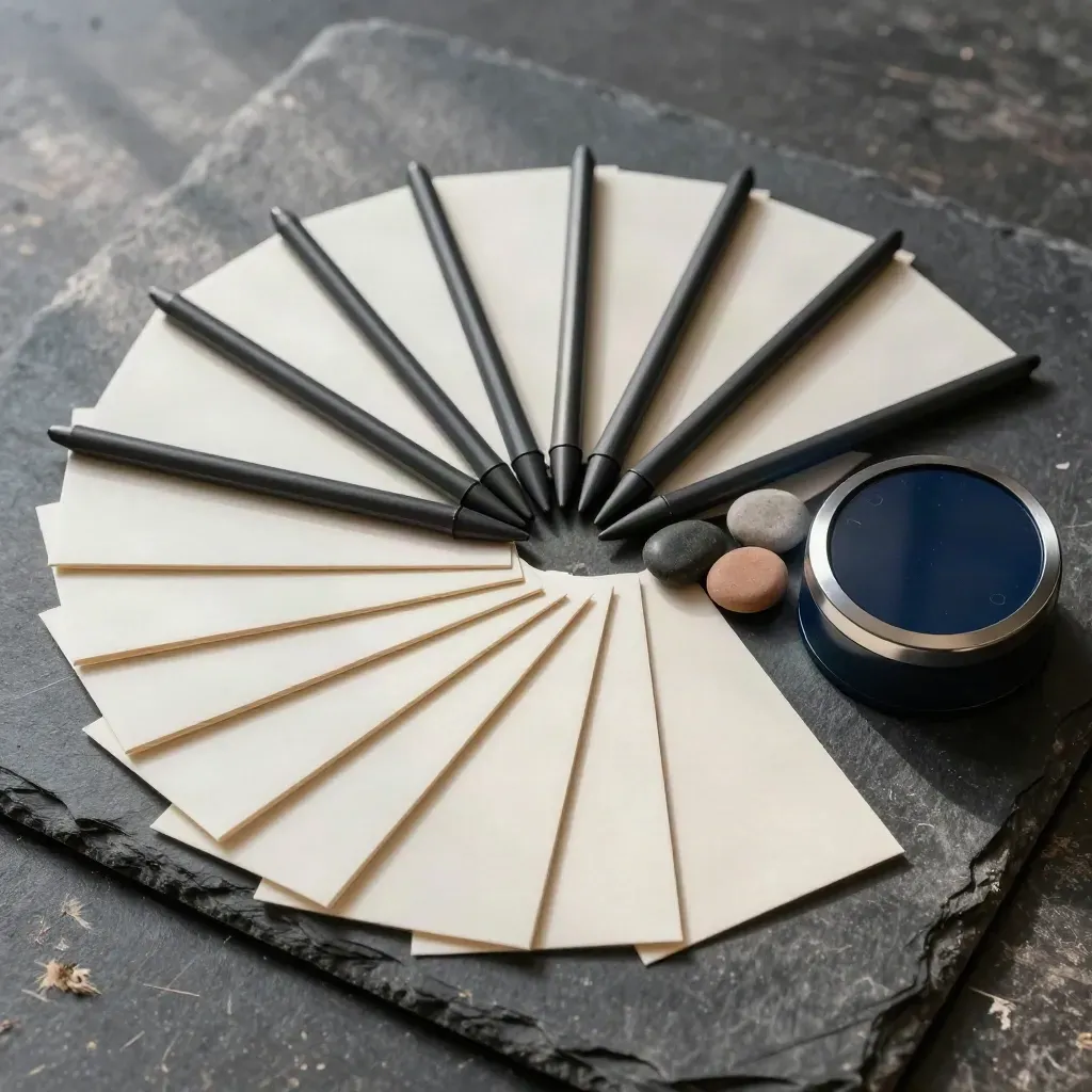 Workshop-Kit mit Magnetpunkten, Moderationskarten, Token-Steinen und Signaltimer auf Schiefer.