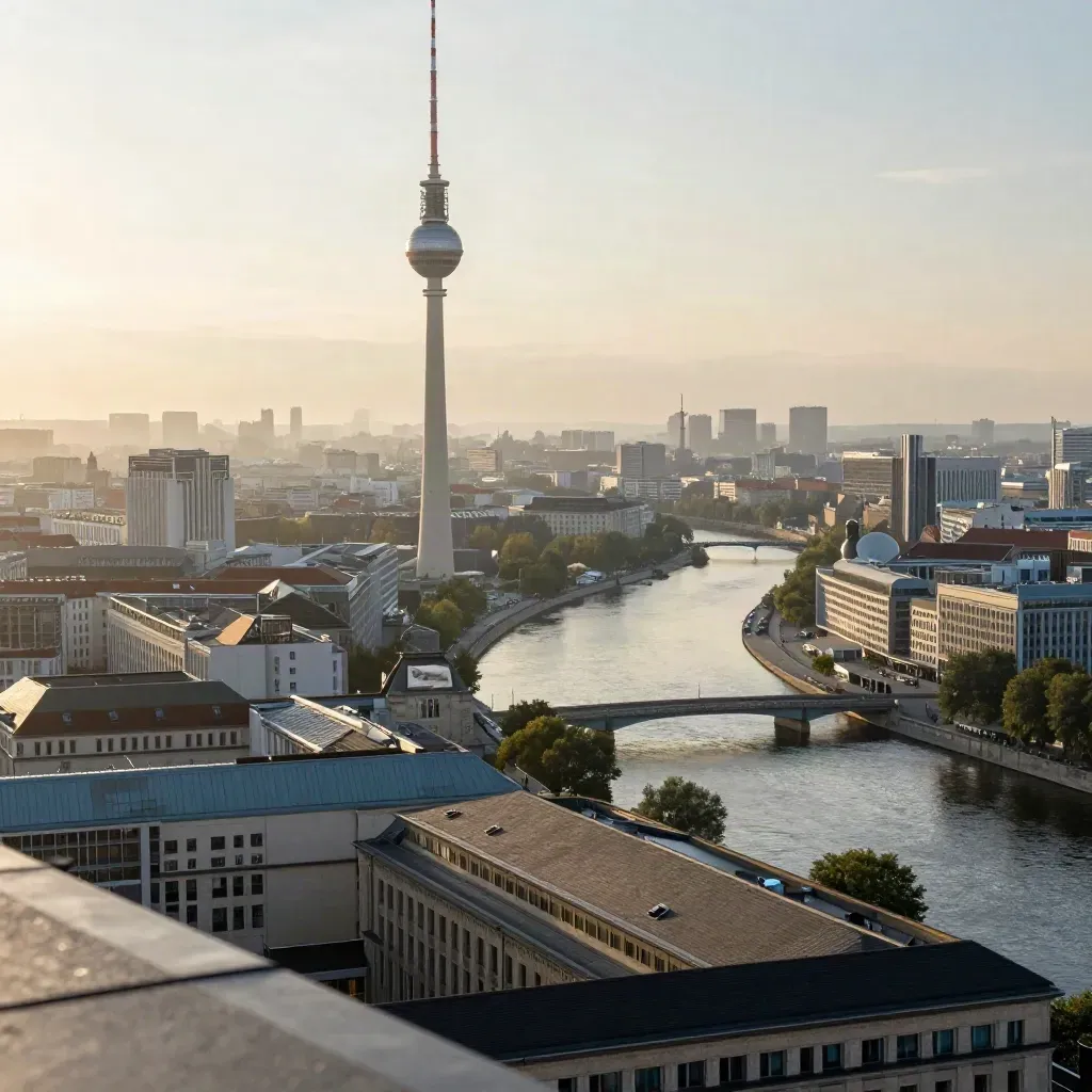 Berliner Skyline mit Fernsehturm und Spree im warmen Dunst nach Sommerregen.