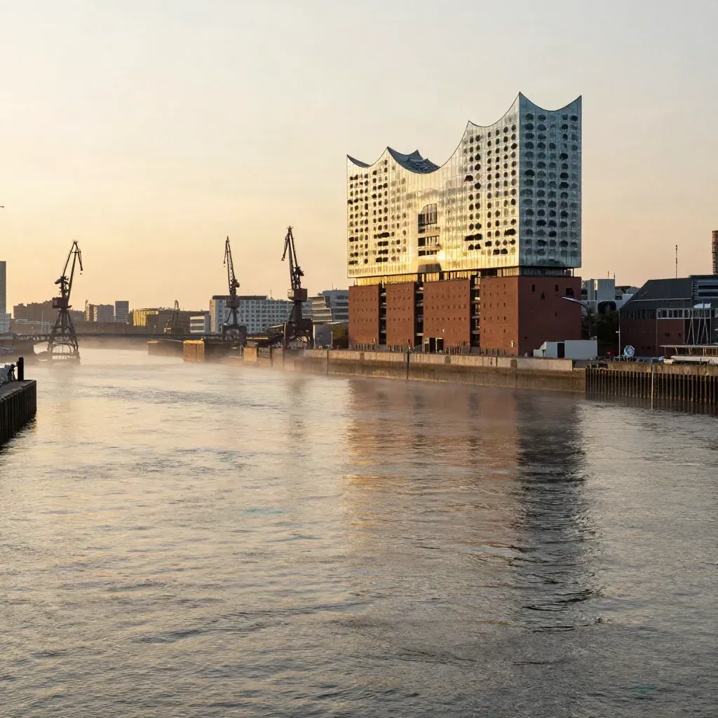 Hamburger Hafen bei Sonnenuntergang mit Elbphilharmonie und goldener Elbe.