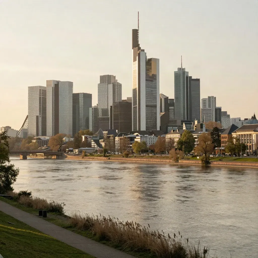Frankfurter Skyline über dem Main im goldenen Dunst, viel ruhige Wasserfläche darunter