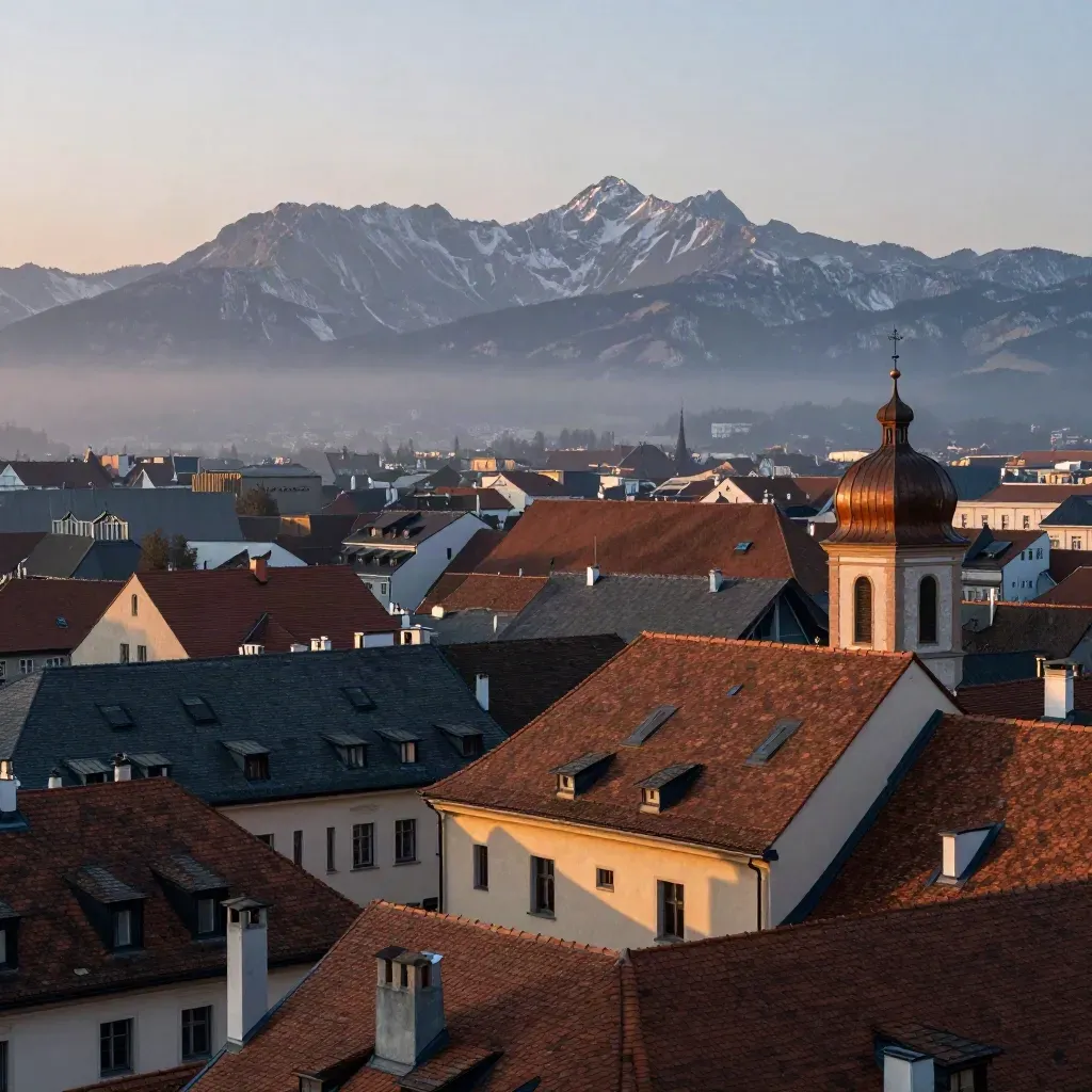 Münchner Dächer im Abendlicht, ferne Alpen im Dunst, ruhige Fläche für Text.