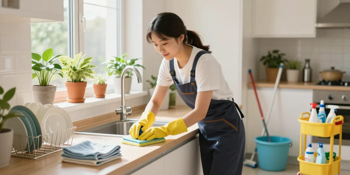 Professional cleaner at work in a bright kitchen, showcasing putzinstitute bern services for residential spaces
