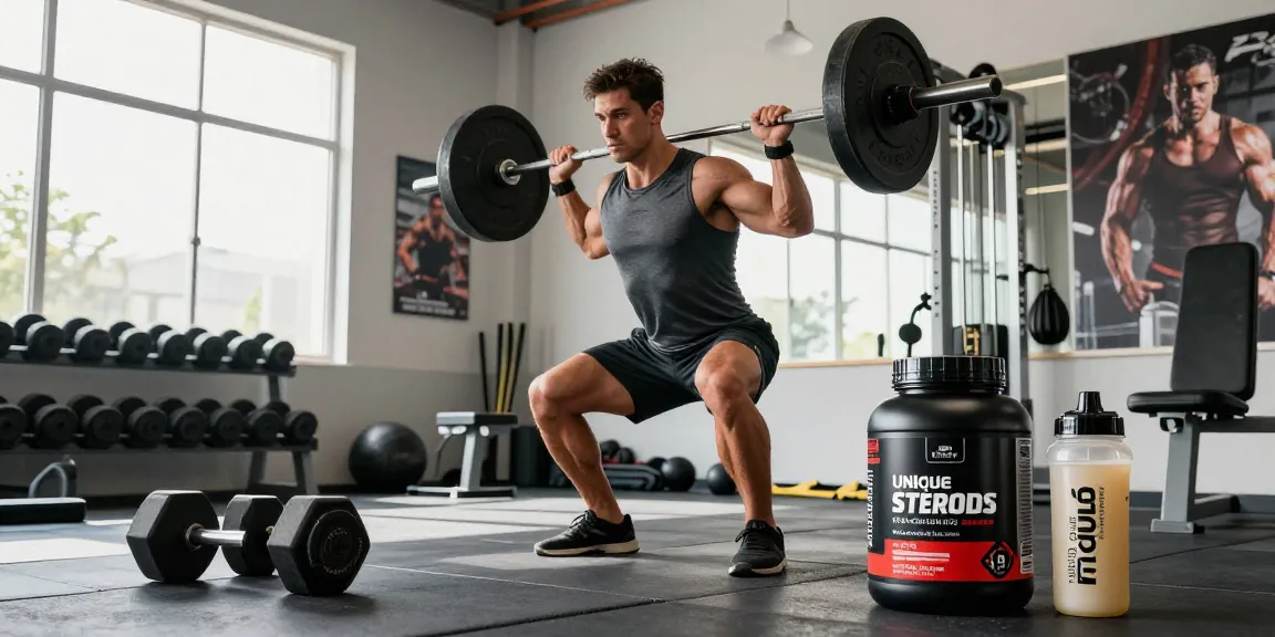 Athlete showcasing strength and performance with Unique Pharma Steroids in a dynamic gym setting.