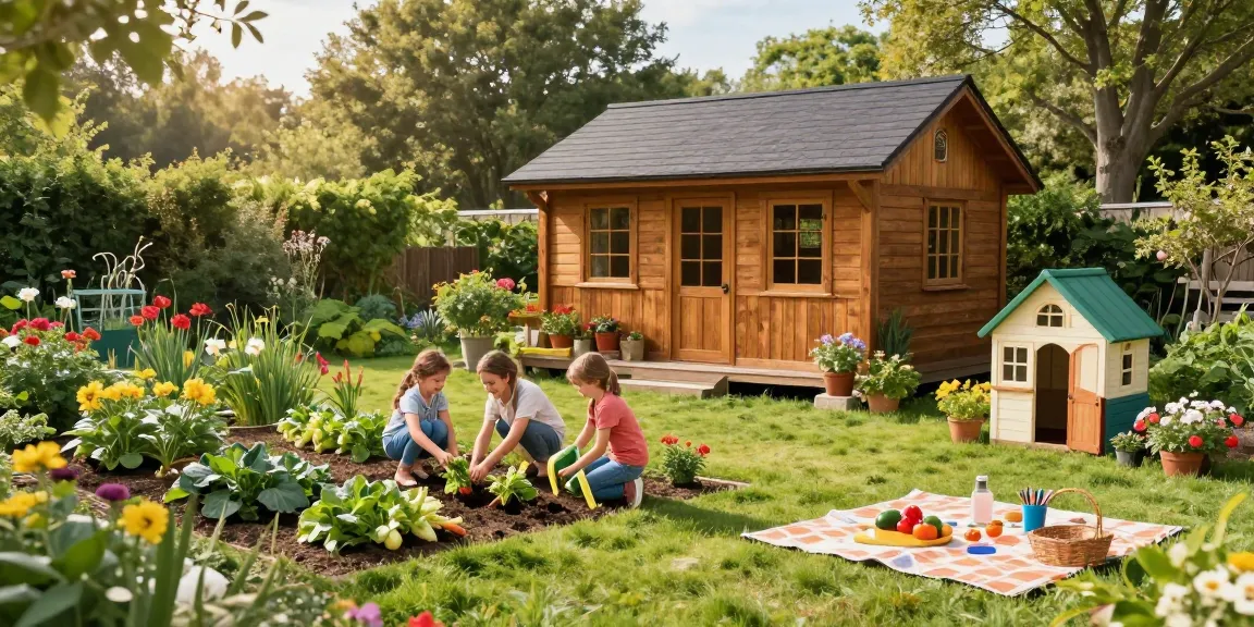 Stilvolles Gartenhaus und spielende Kinder in buntem Garten mit Blumen und Gemüsebeeten.