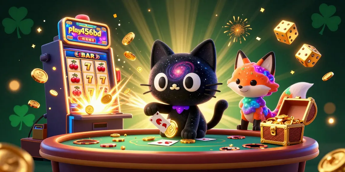 Play456bd's cosmic casino scene featuring a black hole cat and nebula fox amid a jackpot explosion.