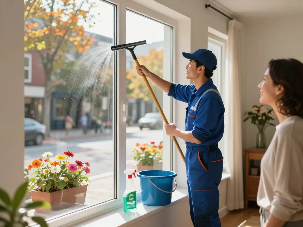 Fensterreiniger bietet fachmännischen Service, während Hausbesitzer klare Ausblicke genießen, Fenster putzen lassen in Münster.