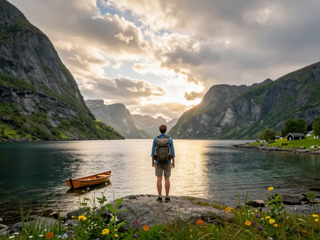 Skandinavien Reisetipps heben die malerische Fjordansicht hervor, während ein Reisender die nordischen Landschaften erkundet.