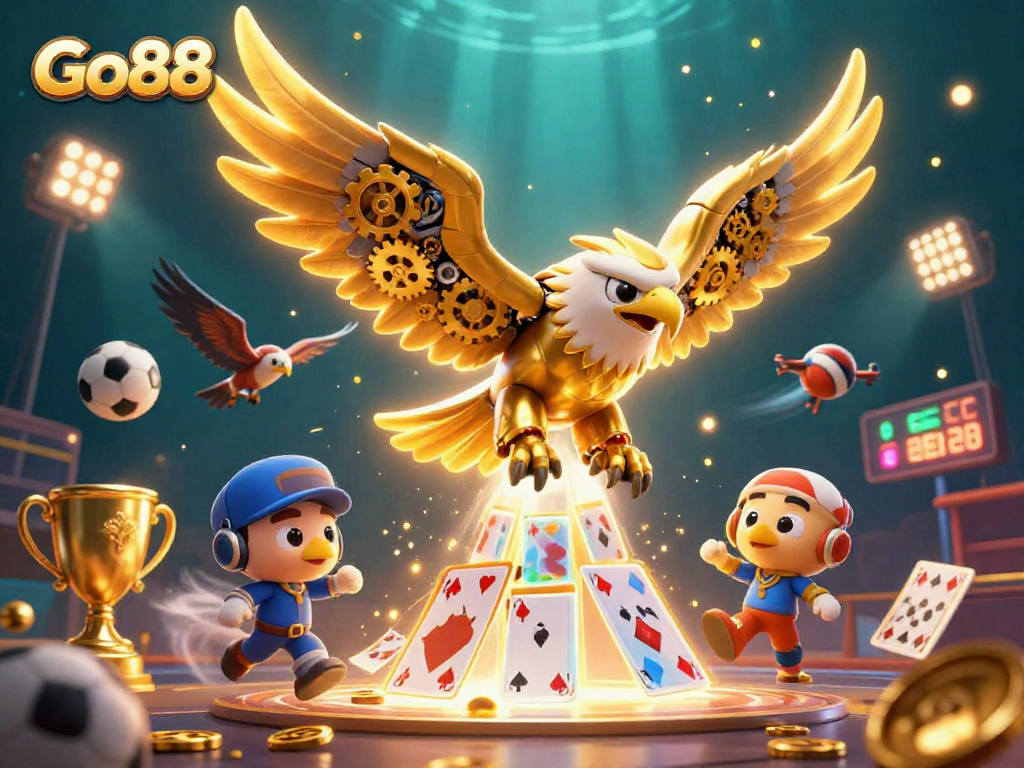 Engage with Go88 through a thrilling dive of a golden eagle amidst holographic cards and sports elements!