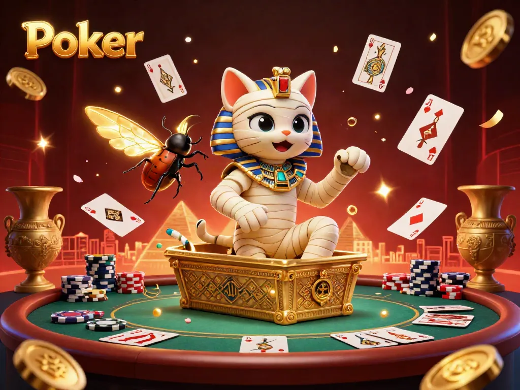 Experience thrilling Poker with dynamic mummy cat, colorful poker chips, and vibrant energy.
