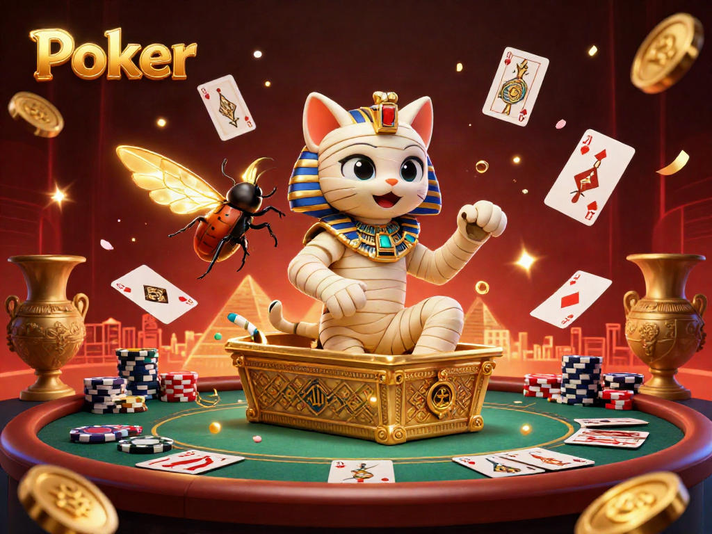 Experience thrilling Poker with dynamic mummy cat, colorful poker chips, and vibrant energy.