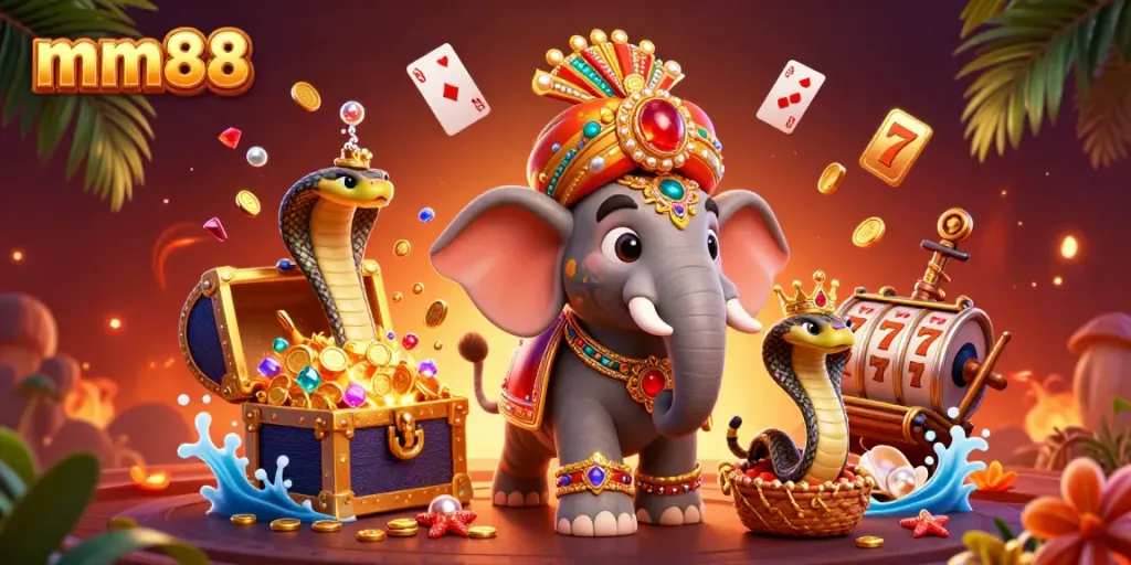 Experience high-stakes action with mm88 in this vibrant, packed casino illustration featuring a maharaja tiger.
