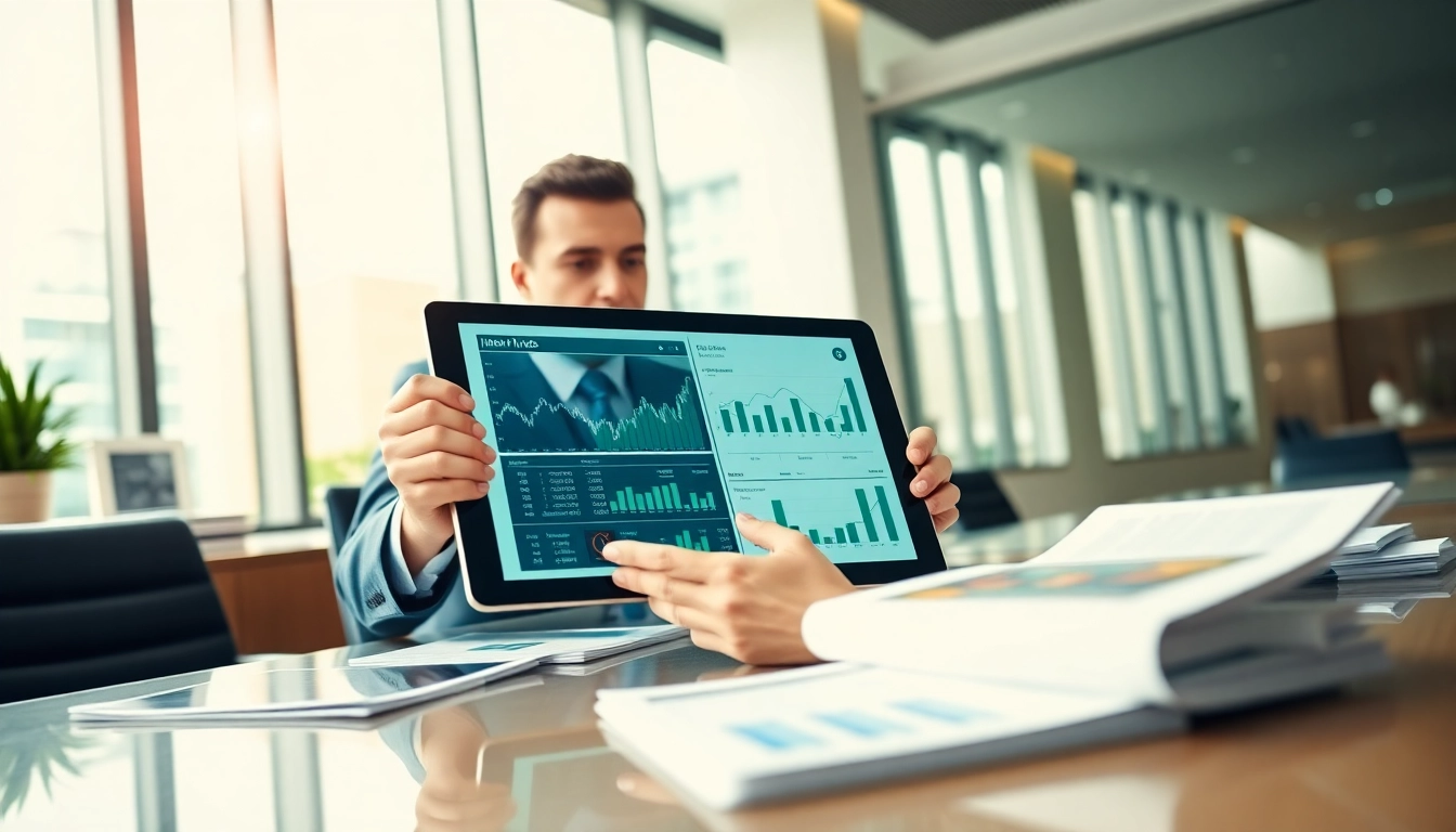 Analyse von Indexfonds durch einen Finanzberater in einem eleganten Büro.