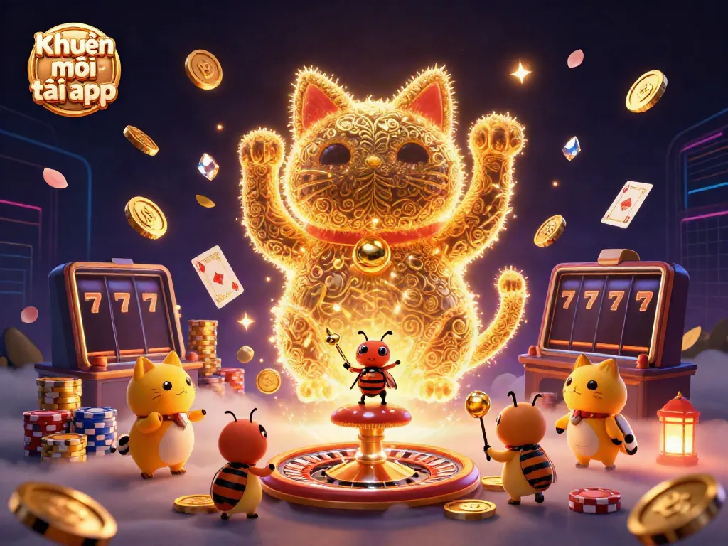 Experience thrilling Khuyến mãi tải app with a lucky cat and dynamic casino symbols in a vibrant 3D scene.