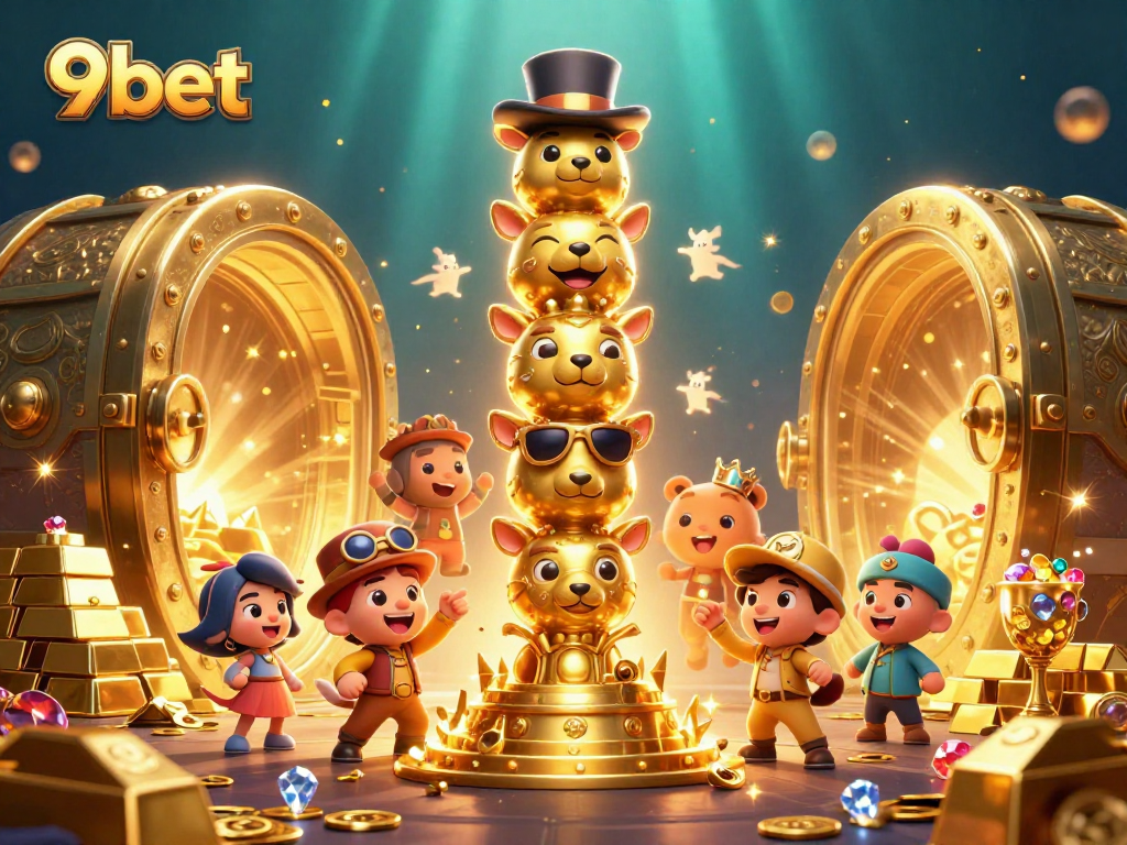 Engage with 9bet's vibrant casino world featuring a golden totem and treasure.