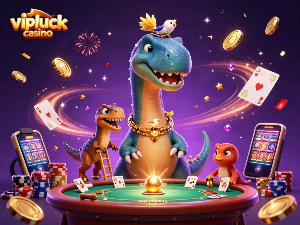 Experience the excitement of vipluck casino with a vibrant 3D scene of a cartoon dinosaur enthralled by gaming action.