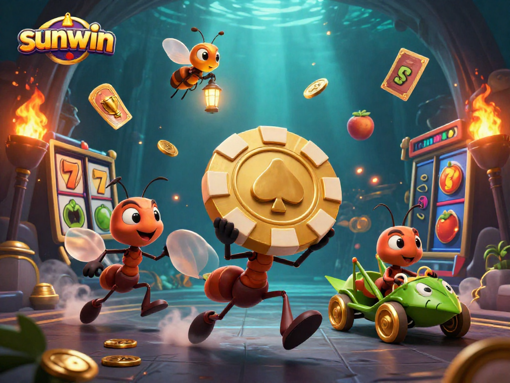 Experience thrilling action with sunwin as ants steal a giant poker chip while surrounded by vibrant casino elements.