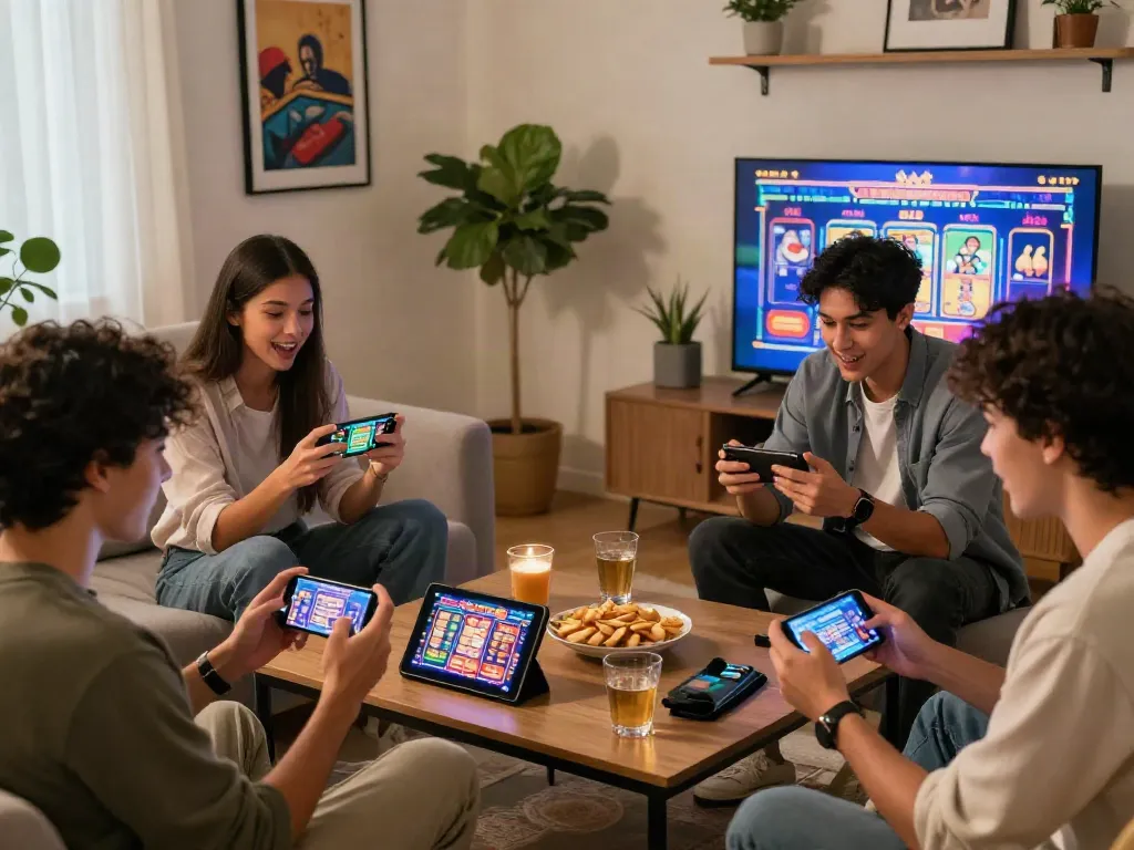 Spieler genießen spannende iOS und Android Casinos in einem gemütlichen Wohnzimmer mit Snacks und Lichtern.