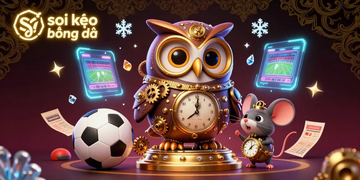 Bet on soi kèo bóng đá with a vibrant illustration of a time-traveling owl amidst sports betting elements.