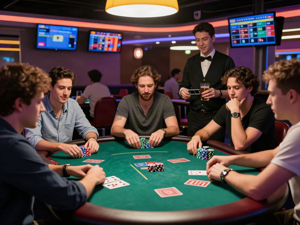 Dynamic casino scene with players exploring rokok88 link alternatif and enjoying a lively poker game.