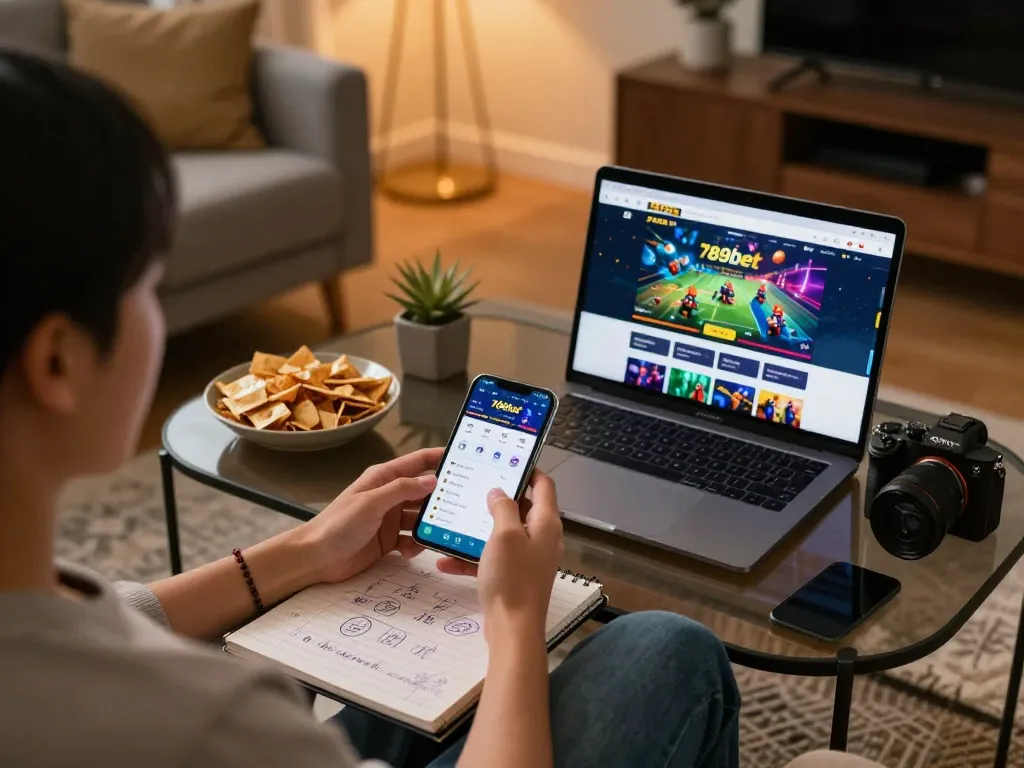 Person navigating the nhà cái 789bet mobile app while betting in a cozy living room.