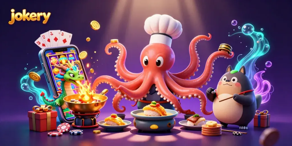 Engage in jokery at the vivid casino with a sushi chef octopus, dragon, and tanuki in action.