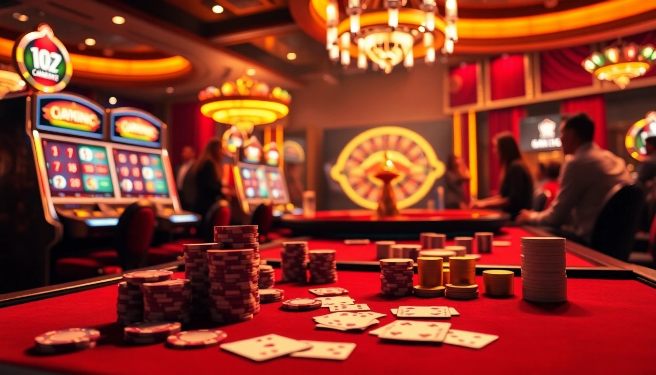 Experience the allure of online gambling at luck8 with vibrant casino visuals featuring gaming tables and slot machines.