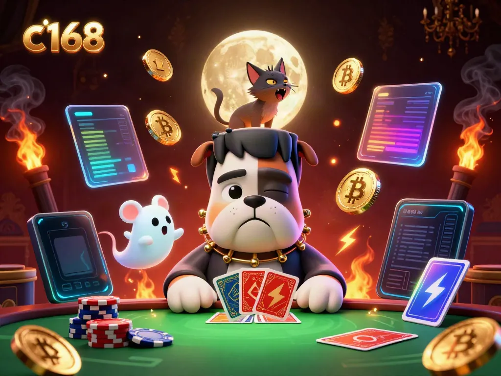 Engaging scene showcasing c168 with a Frankenstein bulldog dealing cards, surrounded by crypto coins and gaming elements.