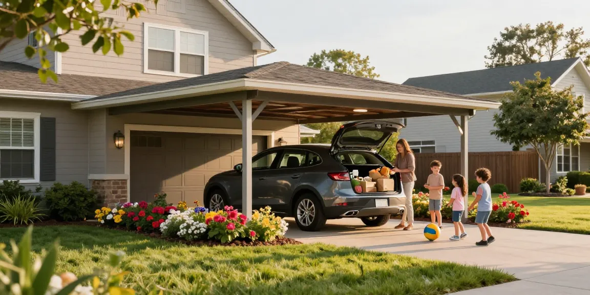 Moderne Carport-Struktur mit Familie, die beim Entladen des Autos unter dem Schutzdach spielt, in einer einladenden Wohngegend.