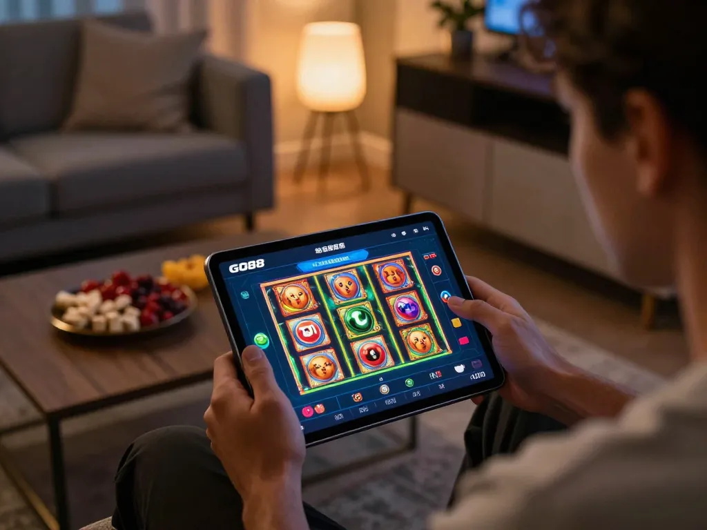 Player enjoying GO88 mobile app gaming session with colorful slot graphics in a stylish home setting