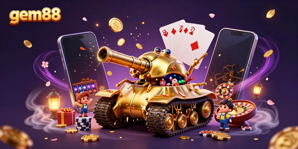 Experience the excitement at gem88 with our unique 3D golden beetle tank casino illustration filled with games and rewards.