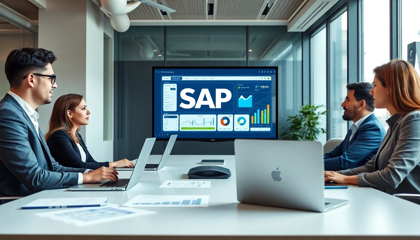 Vernetzte Geschaeftsfuehrung arbeitet effektiv mit SAP ERP in einem modernen Bueroumfeld.
