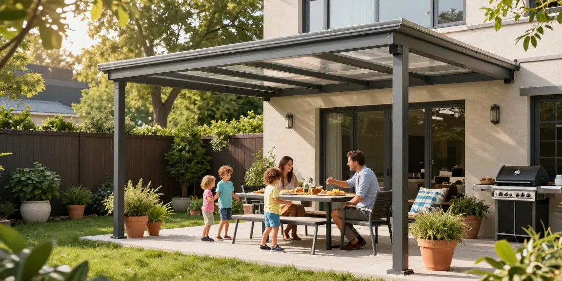 Moderne Terrassenüberdachung schützt eine Familie während eines gemütlichen Nachmittags im Garten.