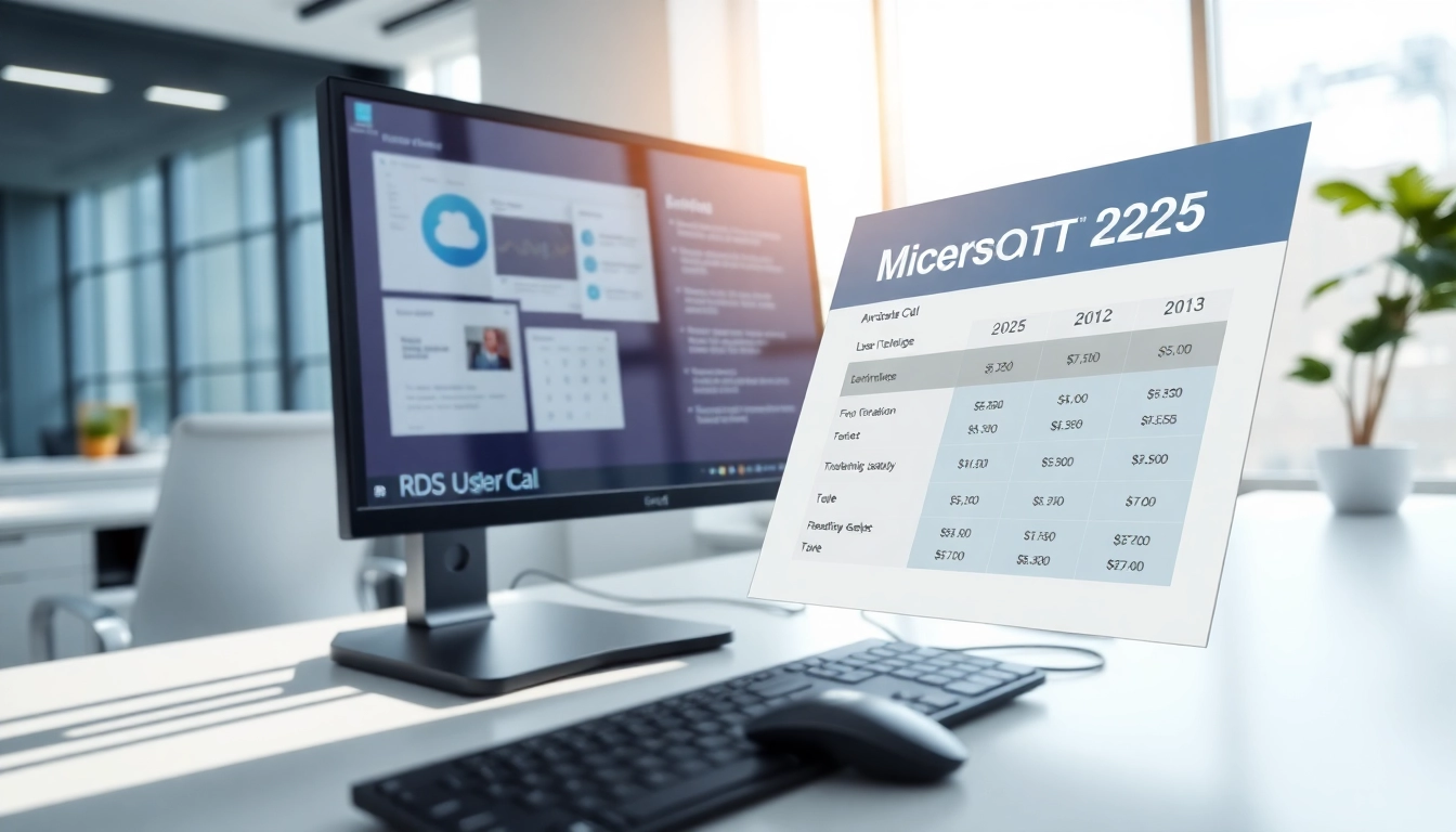 Vergleichen Sie Preise für Microsoft RDS User CAL 2025 in einem modernen Büroumfeld mit Technologie-Elementen.