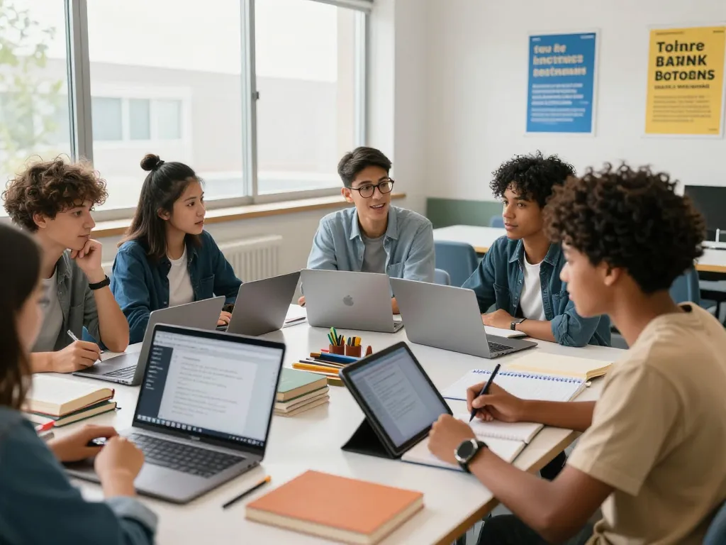 Studierende, die in einem modernen Klassenzimmer mit Hausaufgaben KI kostenlos arbeiten und kollaboratives Lernen fördern.