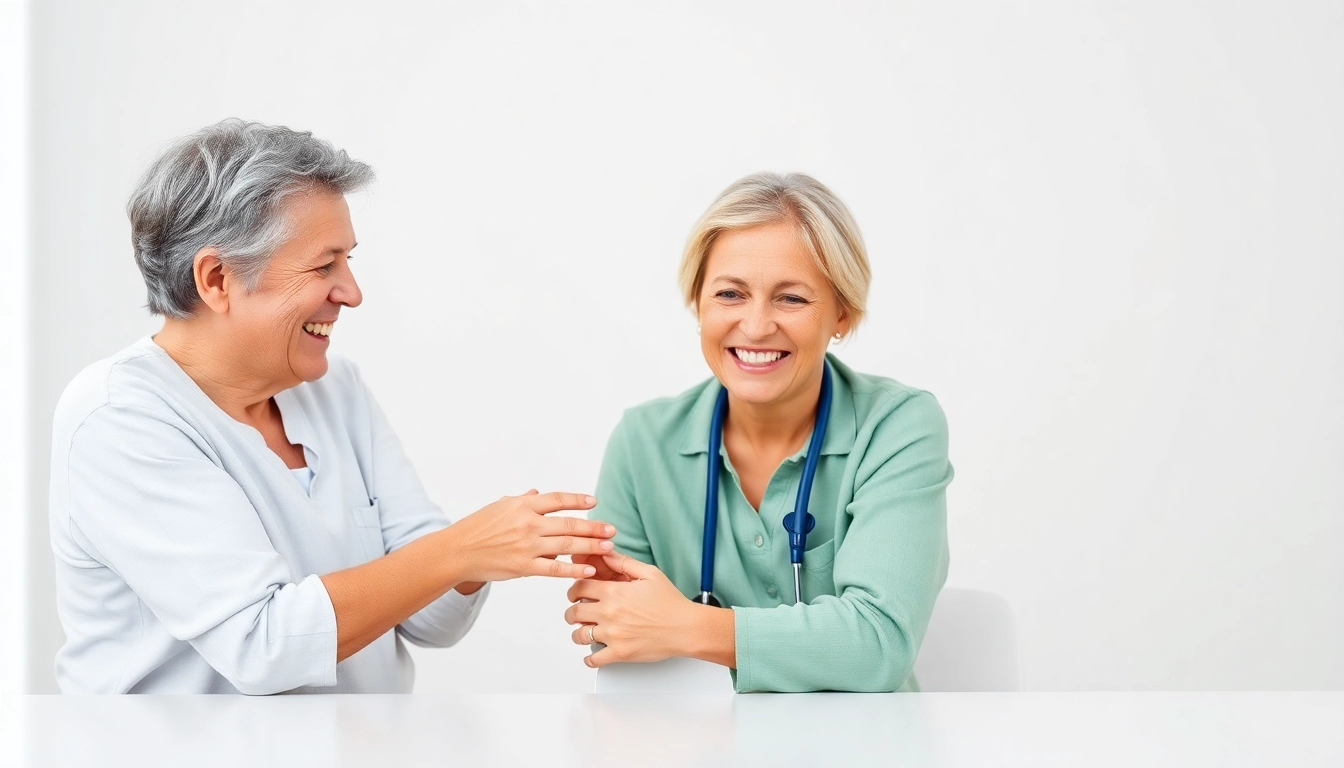 Pflegedienst Werbung: Visualisieren Sie eine ansprechende Werbeaktion für ambulante Pflegedienste mit glücklichen Patienten und Pflegekräften.