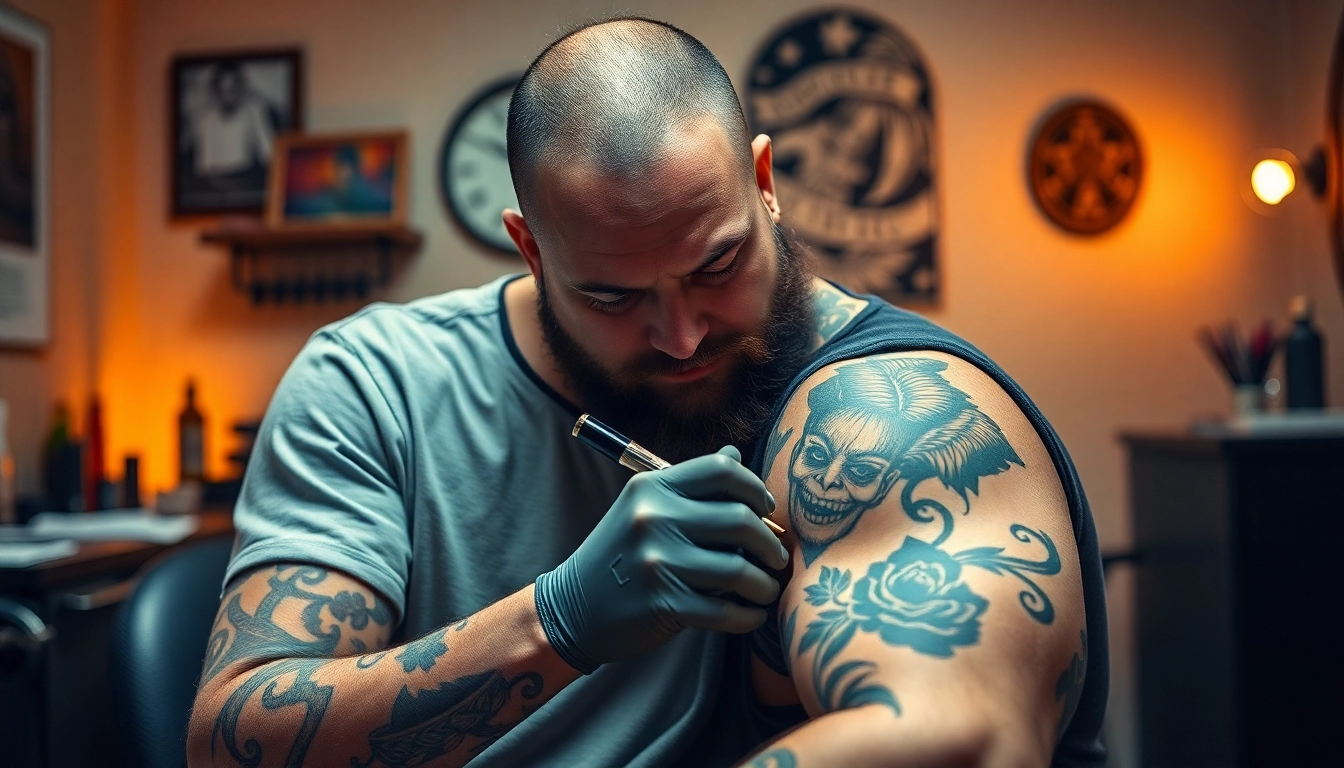 Ein Tätowierer in einem Tattoo Studio München, der ein detailliertes Design auf der Haut eines Kunden anbringt.