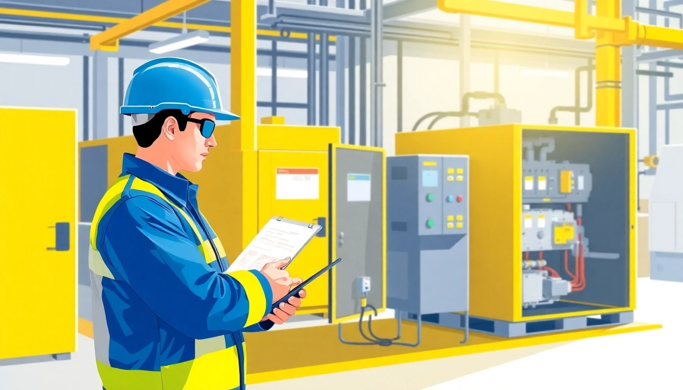 Technician executing a DGUV V3 Prüfung on electrical equipment in a bright workshop.