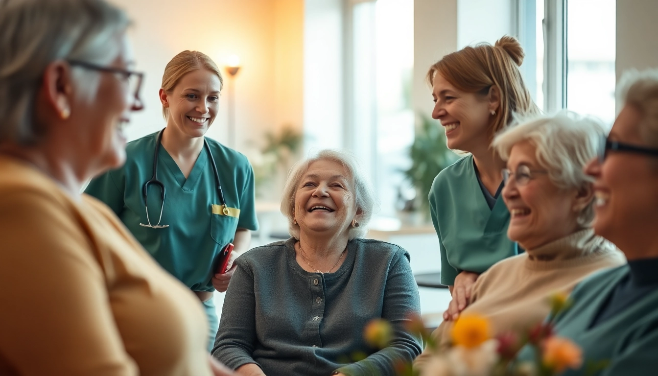 Attraktives Pflegeheim zeigt Personalgewinnung in der Pflege mit freundlichen Pflegekräften und glücklichen Patienten.