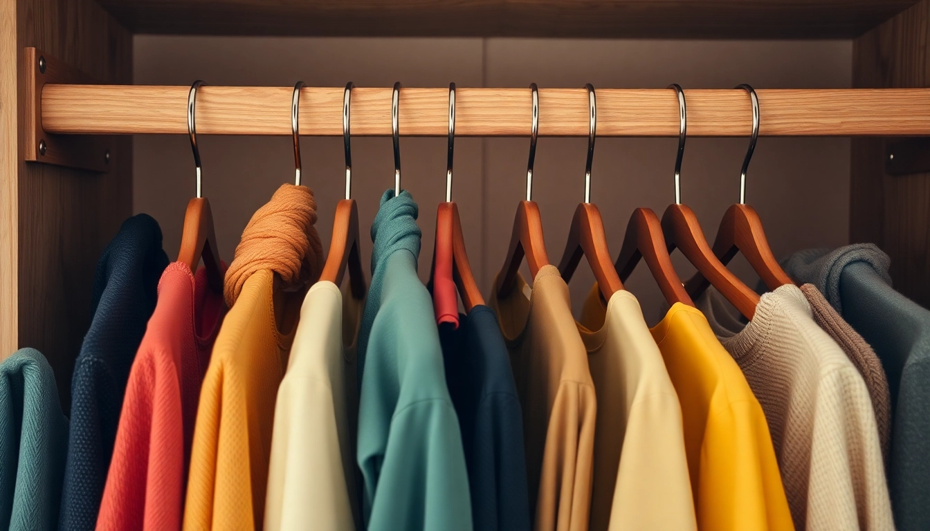 Organized wardrobe featuring rutschfeste kleiderbügel displaying colorful clothing and elegant hangers.
