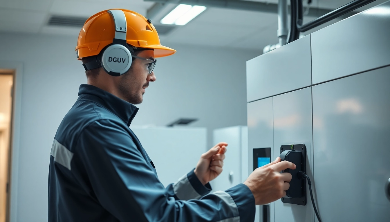 Techniker führt eine DGUV V3 Prüfung an elektrischen Geräten in einem modernen Büro durch.