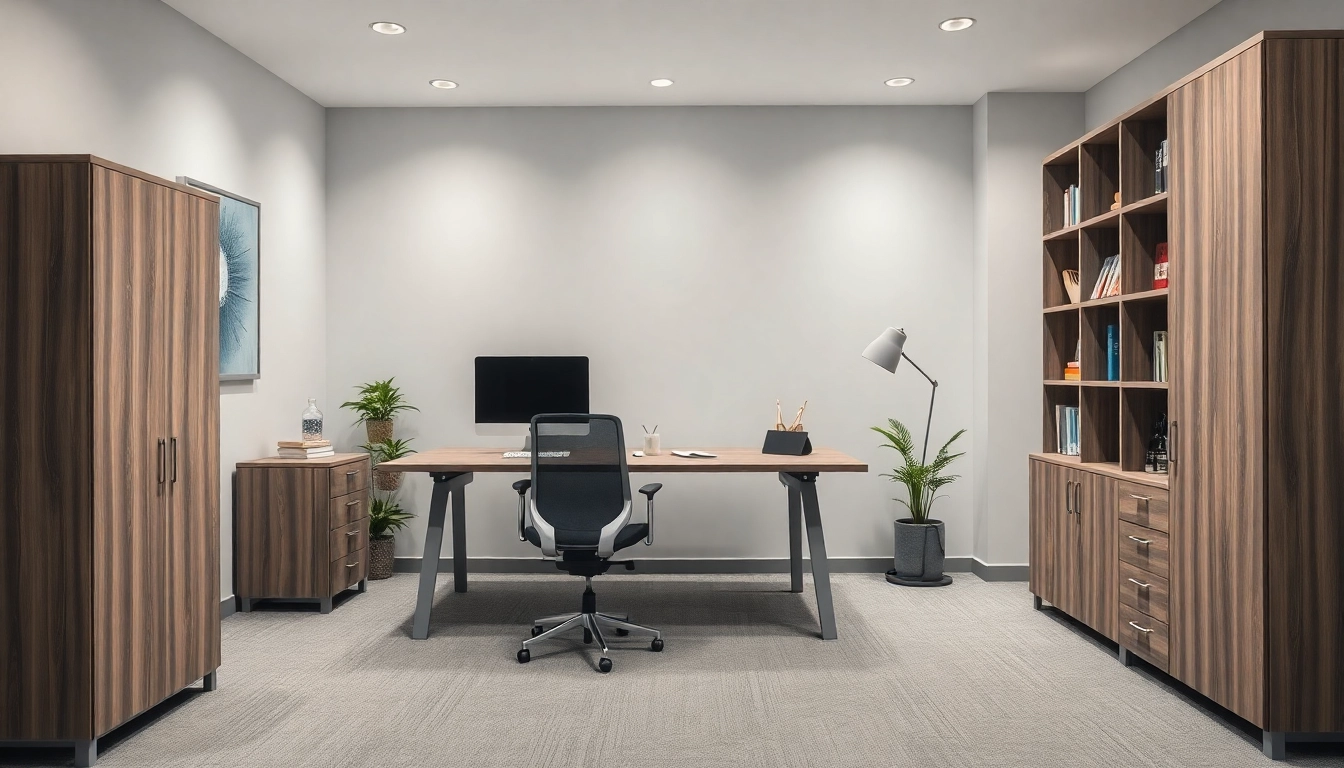 Elegantes Büro mit hochwertigen Büromöbeln, darunter ein Schreibtisch und ein ergonomischer Stuhl in einem modernen Raum.