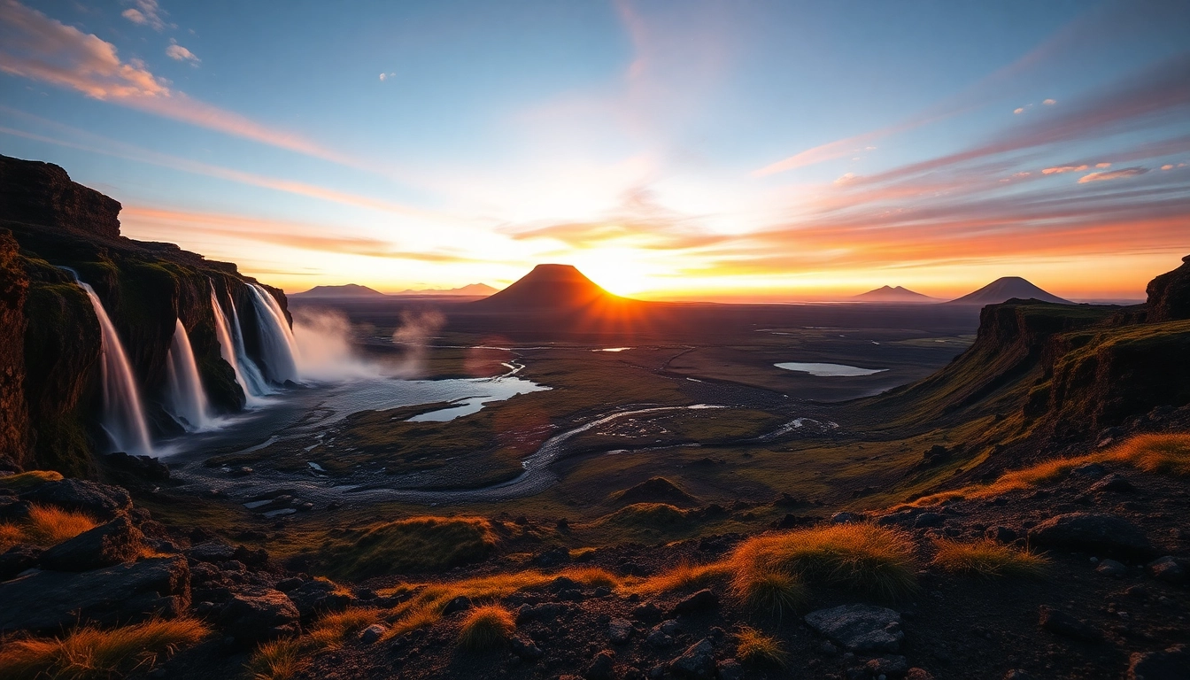 Entdecken Sie die atemberaubenden Wasserfälle und Geysire auf Ihrer Reise nach Island in einem farbenfrohen Landschaftsbild.