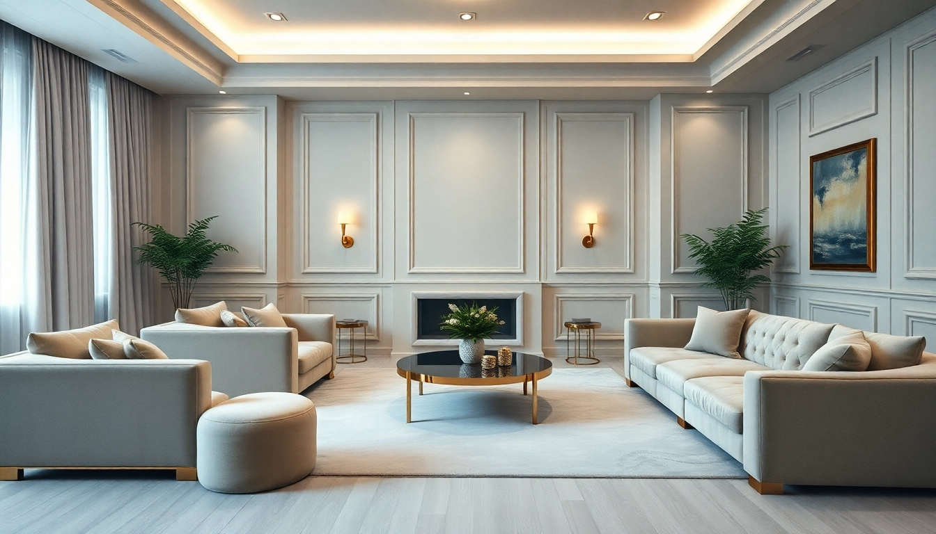 Luxury living room showcasing plush velvet furniture and gold accents under soft ambient lighting.
