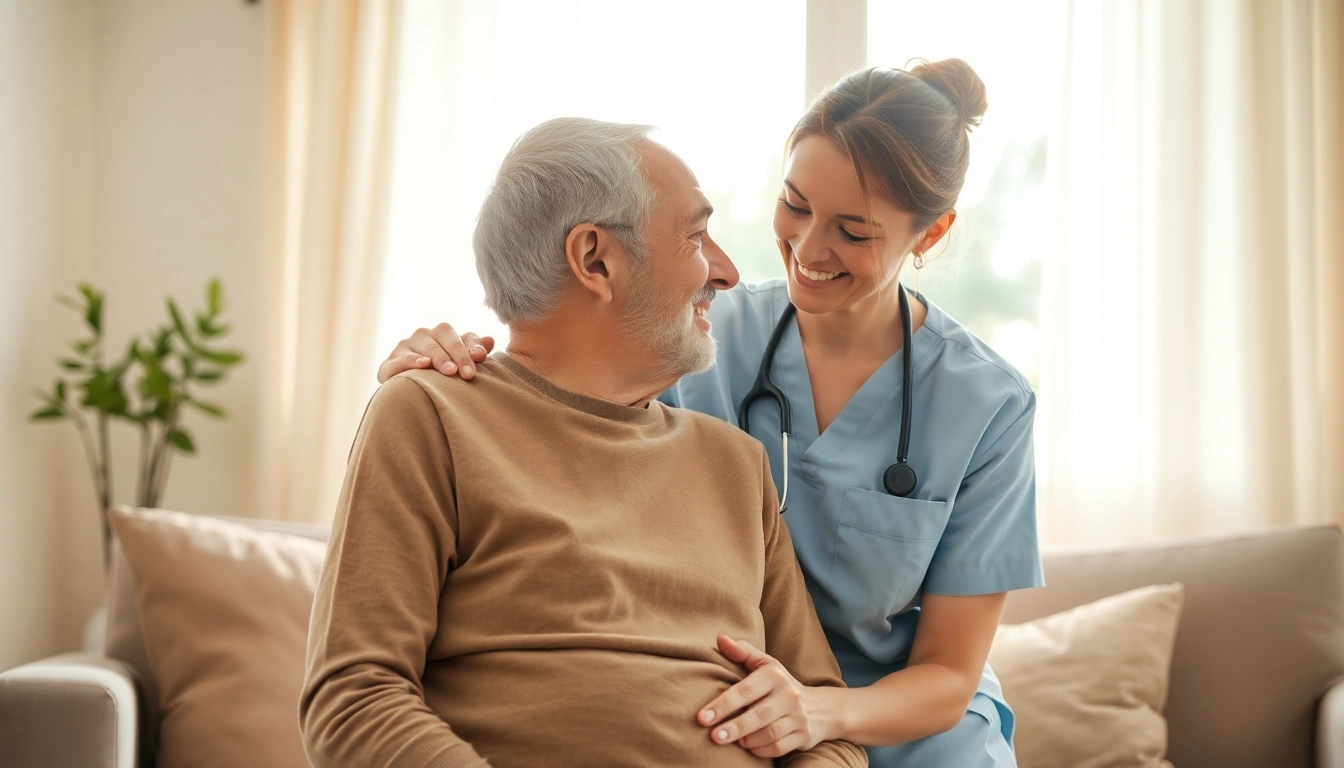 Pflegedienst: Professionelle Pflegekraft assistiert einem älteren Menschen in einem hellen und einladenden Wohnraum.